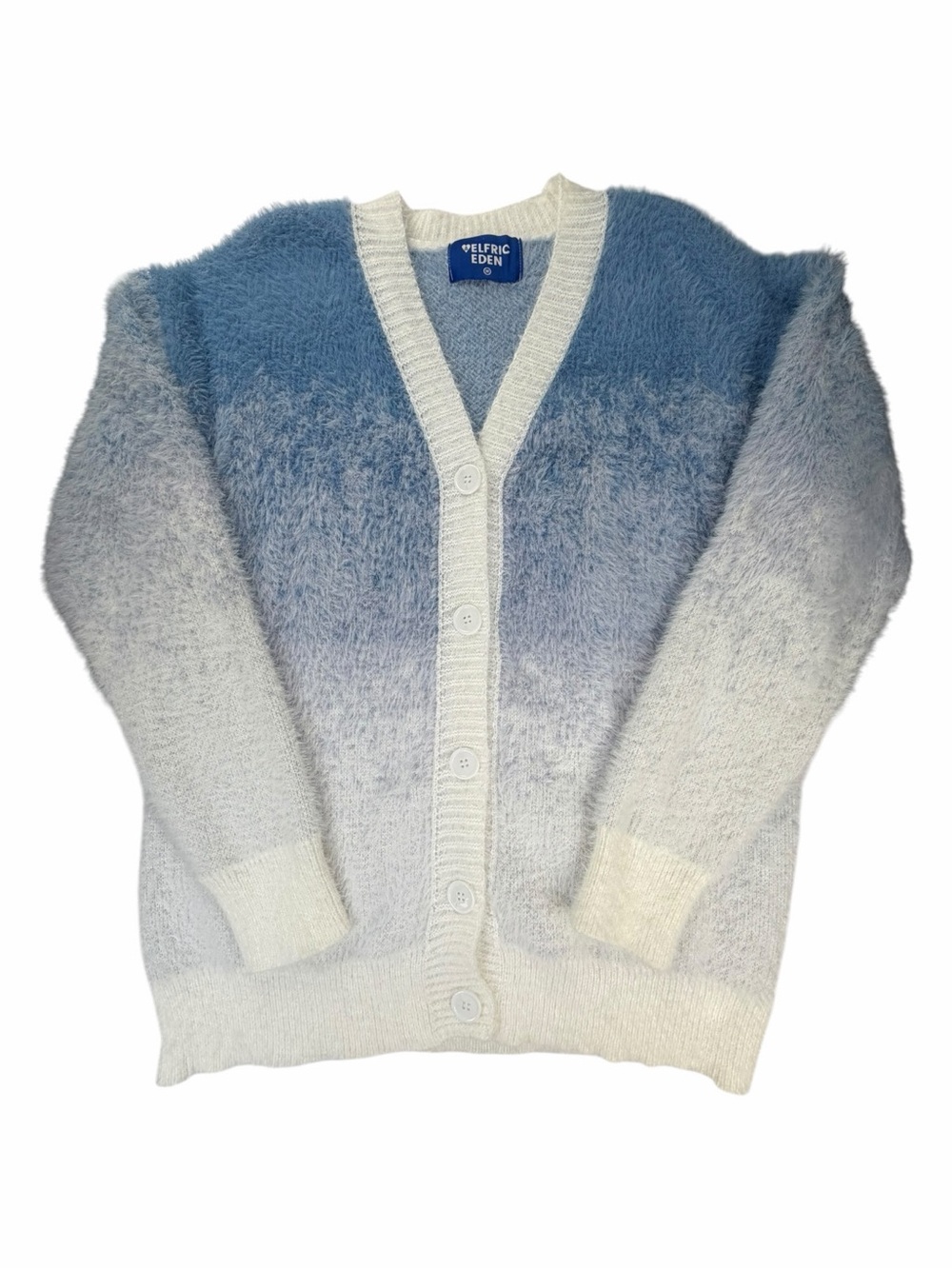Aelfric Eden Blue/White Ombré Fuzzy V-Neck Oversized Cardigan Size Medium